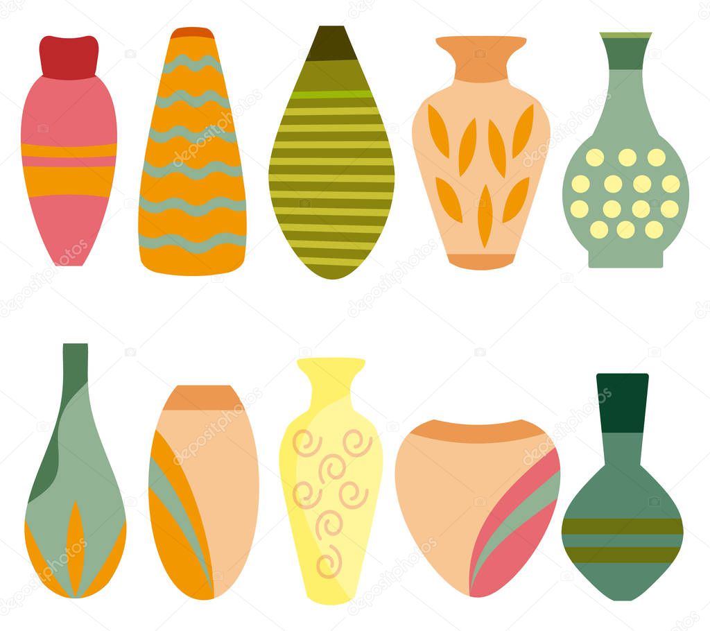 Colourful Flowers and plants in Vases. Vector Illustration.