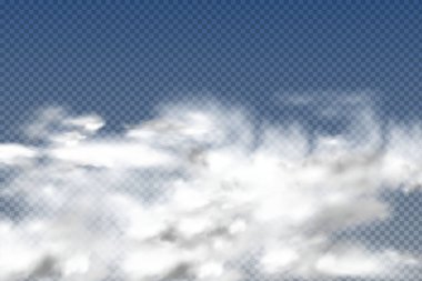 Gerçekçi izole ve şeffaf bulutlar, sis veya duman mavi bir arkaplanda. Grafik element vektörü. Logo, ağ ve yazdırma için vektör tasarımı.