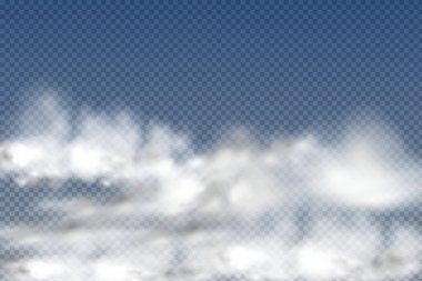 Gerçekçi izole ve şeffaf bulutlar, sis veya duman mavi bir arkaplanda. Grafik element vektörü. Logo, ağ ve yazdırma için vektör tasarımı.