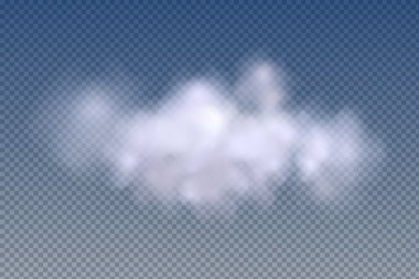Gerçekçi izole ve şeffaf bulutlar, sis veya duman mavi bir arkaplanda. Grafik element vektörü. Logo, ağ ve yazdırma için vektör tasarımı.