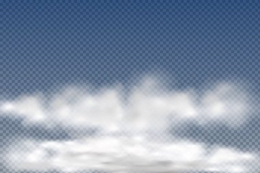Gerçekçi izole ve şeffaf bulutlar, sis veya duman mavi bir arkaplanda. Grafik element vektörü. Logo, ağ ve yazdırma için vektör tasarımı.
