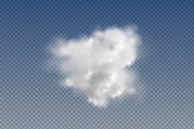 Gerçekçi izole ve şeffaf bulutlar, sis veya duman mavi bir arkaplanda. Grafik element vektörü. Logo, ağ ve yazdırma için vektör tasarımı.