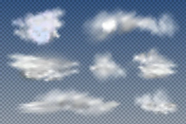 Nuvens Realistas Isoladas Transparentes Nevoeiro Fumaça Fundo Azul Vetor Elemento — Fotografia de Stock