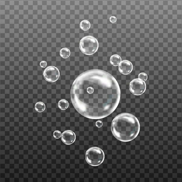 Realistic transparent soap bubbles with rainbow reflection isolated design elements.