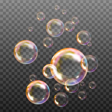  Arkaplanda bir dizi sabun köpüğü. Gerçekçi renkli toplar. Vektör dokusu..