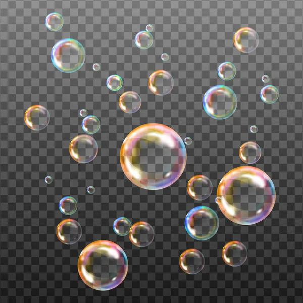 检查背景上的一组透明肥皂泡 真彩球 矢量纹理 — 图库矢量图片