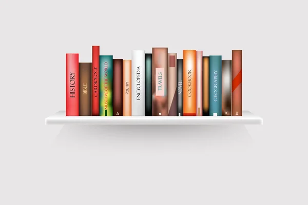 Libreria Modello Con Libri Pentola Sfondo Bianco Scaffali Marrone Illustrazione — Vettoriale Stock