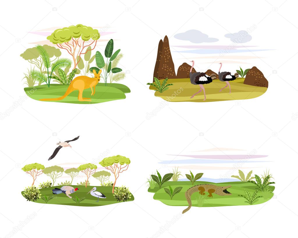 Animals on the background of trees and plants.Vector map of Australia.