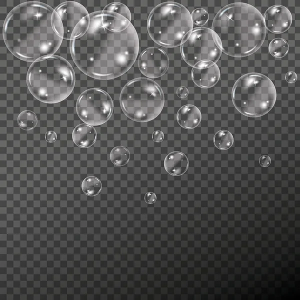 Flyg transparent såpa bubblor på rutig bakgrund. — Stock vektor
