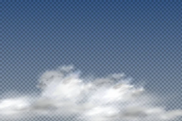 Nubes realistas aisladas y transparentes, niebla o humo sobre un fondo azul. — Vector de stock