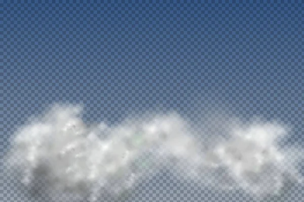 Nubes realistas aisladas y transparentes, niebla o humo sobre un fondo azul. — Vector de stock