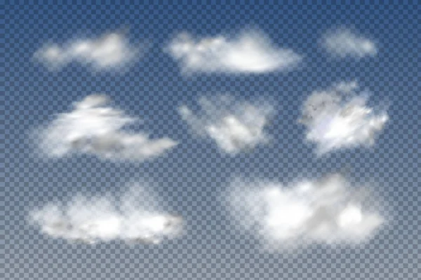 Nuages réalistes, isolés et transparents, brouillard ou fumée sur fond bleu. — Image vectorielle
