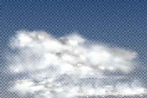 Nuvole isolate e trasparenti realistiche, nebbia o fumo su fondo blu. — Vettoriale Stock