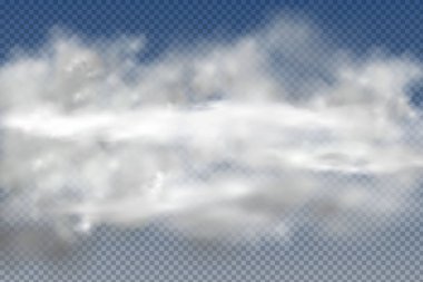 Gerçekçi izole ve şeffaf bulutlar, mavi arka planda sis veya duman.