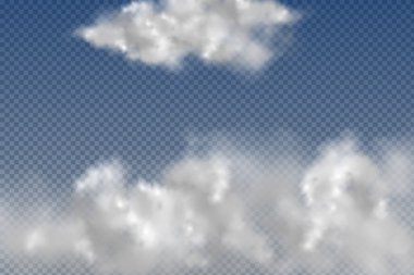 Gerçekçi izole ve şeffaf bulutlar, mavi arka planda sis veya duman.