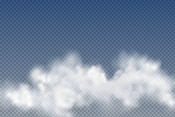 Nubes realistas aisladas y transparentes, niebla o humo sobre un fondo azul. — Vector de stock