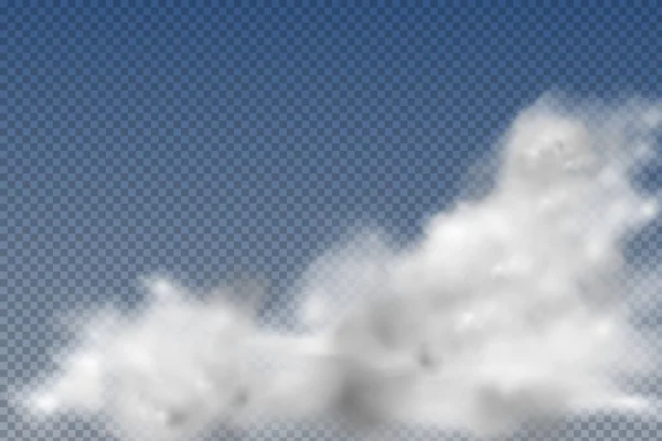 Nubes realistas aisladas y transparentes, niebla o humo sobre un fondo azul. — Vector de stock