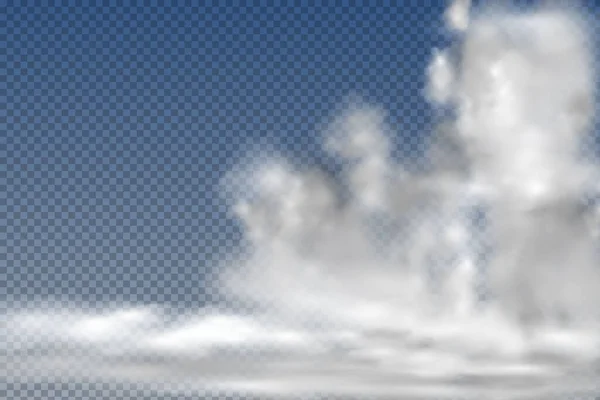 Nuvens realistas isoladas e transparentes, nevoeiro ou fumaça em um fundo azul. — Vetor de Stock