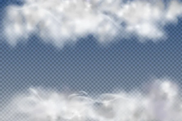 Realistické izolované a transparentní mraky, mlha nebo kouř na modrém pozadí. — Stockový vektor