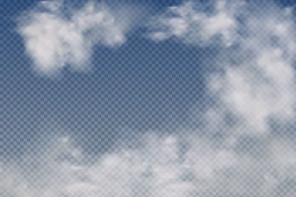 Nubes realistas aisladas y transparentes, niebla o humo sobre un fondo azul. — Vector de stock