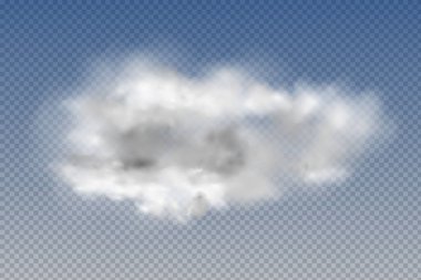 Mavi arka planda bir dizi gerçekçi izole ve şeffaf bulut, sis veya duman.