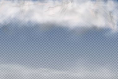 Mavi arka planda bir dizi gerçekçi izole ve şeffaf bulut, sis veya duman.