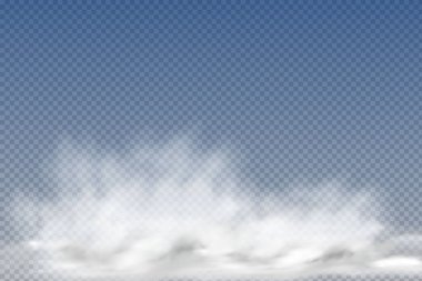 Mavi arka planda bir dizi gerçekçi izole ve şeffaf bulut, sis veya duman.