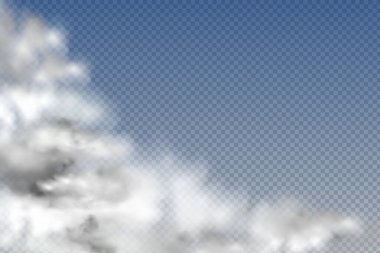 Mavi arka planda bir dizi gerçekçi izole ve şeffaf bulut, sis veya duman.