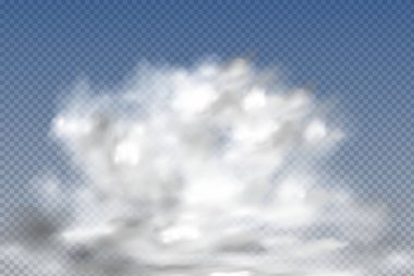 Mavi arka planda bir dizi gerçekçi izole ve şeffaf bulut, sis veya duman.