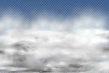 Mavi arka planda bir dizi gerçekçi izole ve şeffaf bulut, sis veya duman.