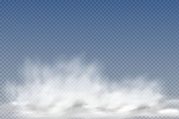 Conjunto de nuvens realistas isoladas e transparentes, nevoeiro ou fumaça em um fundo azul. — Vetor de Stock