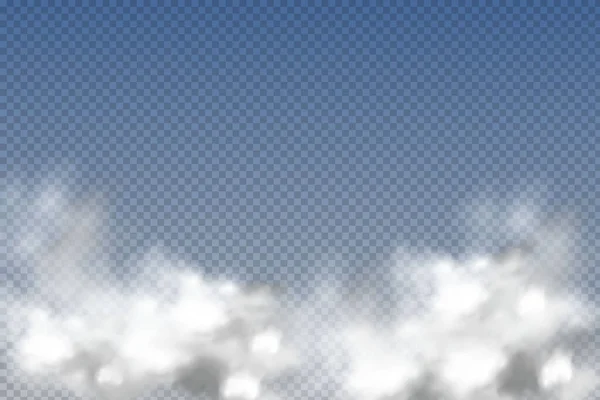 Conjunto de nubes aisladas y transparentes realistas, niebla o humo sobre un fondo azul. — Vector de stock
