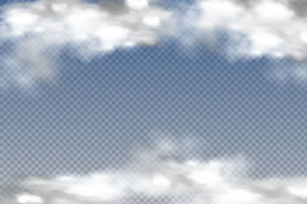 Conjunto de nubes aisladas y transparentes realistas, niebla o humo sobre un fondo azul. — Vector de stock