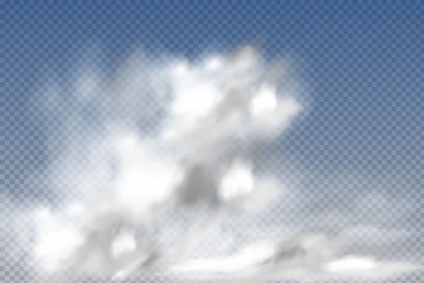 Набор реалистичных изолированных и прозрачных облаков, тумана или дыма на синем фоне. — стоковый вектор