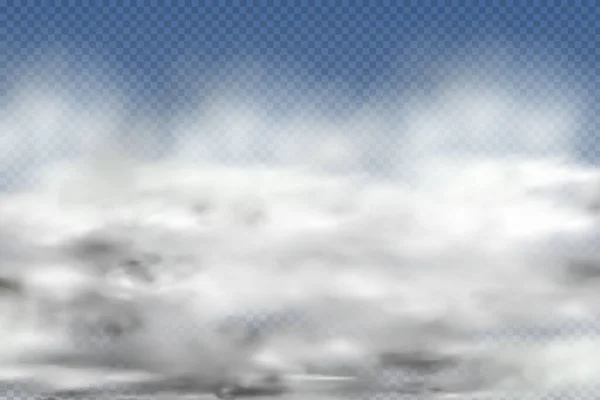 Conjunto de nuvens realistas isoladas e transparentes, nevoeiro ou fumaça em um fundo azul. — Vetor de Stock