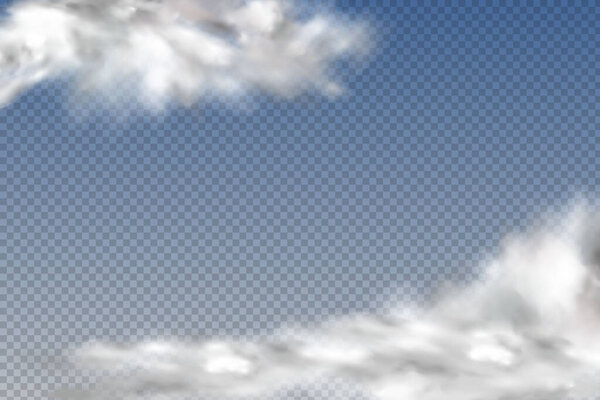 Set of realistic isolated and transparent clouds,fog or smoke on a blue background.