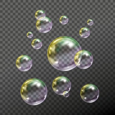 Damalı arkaplanda şeffaf sabun köpükleri uçuyor.