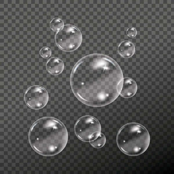 Flying transparante zeepbellen op geruite achtergrond. — Stockvector