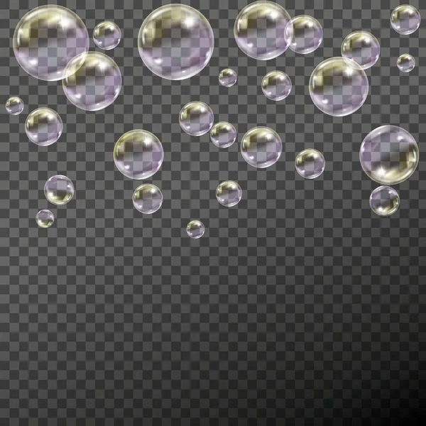 Voando bolhas de sabão transparentes no fundo quadriculado. — Vetor de Stock