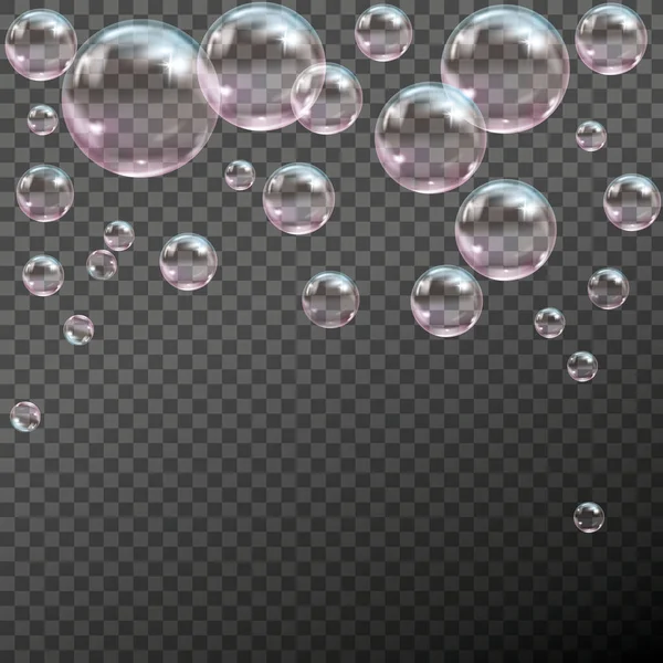 Burbujas de jabón transparentes voladoras sobre fondo a cuadros. — Vector de stock