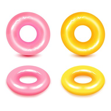 Beyaz arka planda yüzme halkaları. Su ve sahil için şişirilebilir plastik oyuncak ya da yolculuk güvenliği.