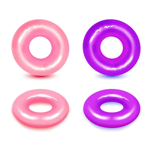 Set of swim rings on white background. Inflatable rubber toy for water and beach or trip safety. — Stock Vector