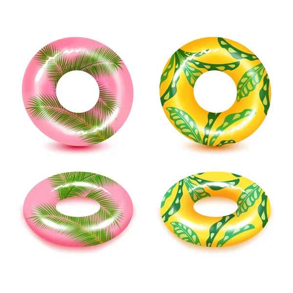 Conjunto de anéis de natação no fundo branco. Brinquedo de borracha inflável para segurança de água e praia ou viagem. — Vetor de Stock