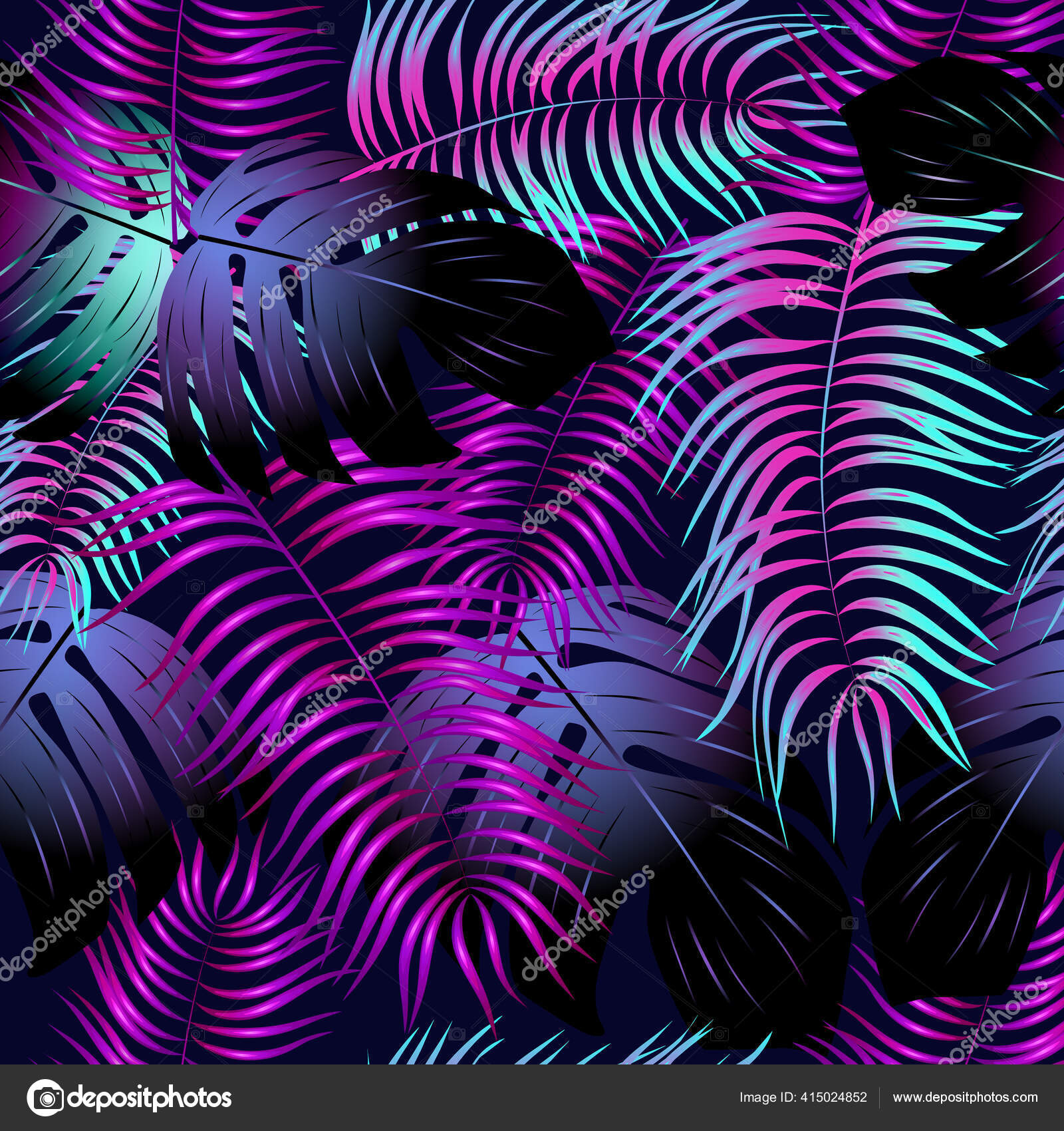 Fondo tropical de neón con hojas de palma. Ilustración vectorial de