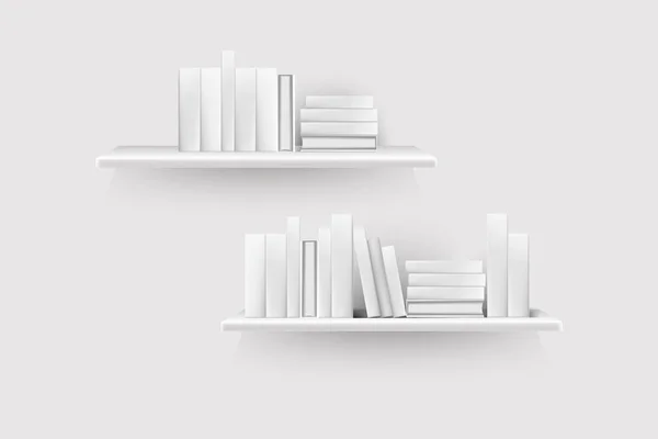 Realistische boek volumes met lege stekels en pot stand in rij op rek hangen aan de muur. — Stockvector