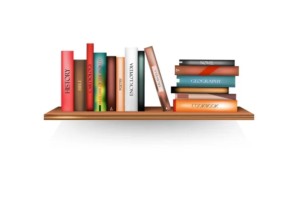 Realistic book volumes with empty spines and pot stand in row at rack hang on wall. — Stock Vector