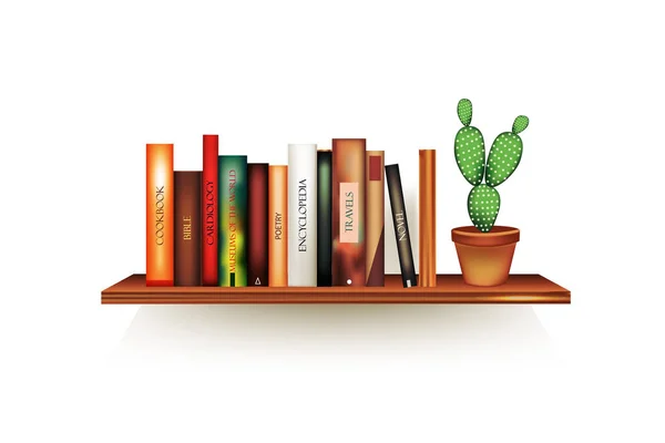 Realistic book volumes with empty spines and pot stand in row at rack hang on wall. — Stock Vector