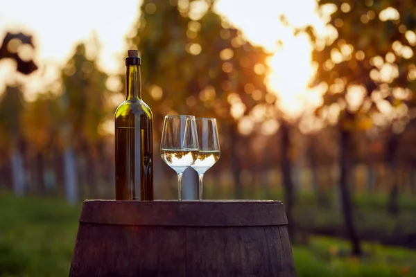 Vino Blanco Dos Copas Sobre Barril Madera Atardecer Degustación Vinos —  Fotos de Stock