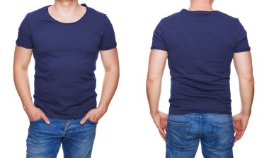 T-shirt tasarım - boş koyu mavi tshirt ön ve arka beyaz izole adam