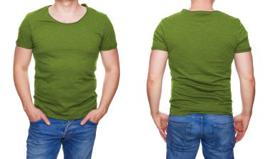 T-shirt tasarım - boş zeytin yeşili tshirt ön ve arka beyaz izole adam